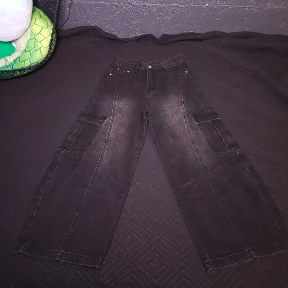 Black Baggy Wide Leg Cargo Jeans | Flap Utility Pockets | W30 42in